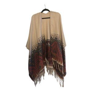 Wool Shawl in Cream, Blue, Red and mustard Aztec print